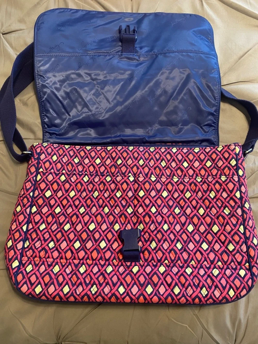 Vera Bradley Katalina Pink Diamonds Quilted Laptop Messenger Bag with Navy Strap